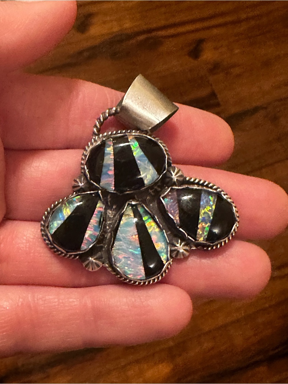 Sterling Silver Onyx Aura Opal and Iridescent Opal Inlay Pendant